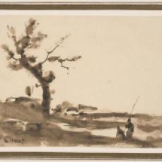 Jean-Baptiste Camille Corot; Landscape, with large tree on left, two figures at right, one holding long pole; 1860s; brush and brown wash on beige wove paper; 7 x 9.5 cm; Museum of Fine Arts, Boston
