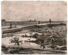Vincent van Gogh, Landscape with Bog Trunks (Travaux aux Champs), Graphite pencil with pen and brown ink on paper, 34.3 x 42.4 cm (13 1/2 x 16 11/16 in.), 1883.