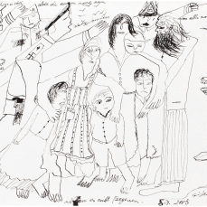The trains are already full, but we have to get in. Come on, come one, hurry up! Come on, everyone, off to Auschwitz! I can’t forget it, 5.3.2005, Ink on paper 24 x 32 cm, Hojda and Nuna Stojka collection, Wien